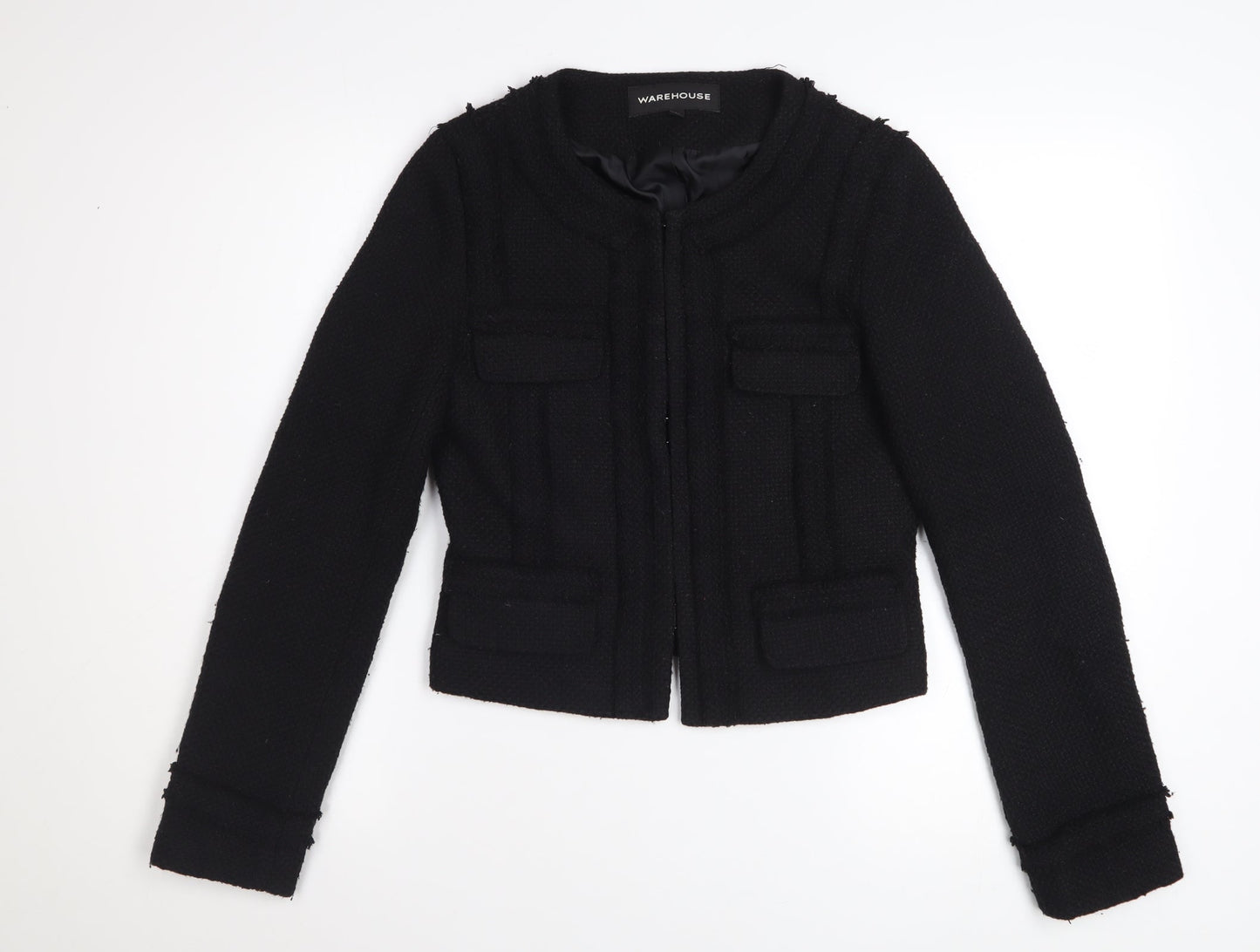 Warehouse Women Black Tweed Cropped Blazer Jacket UK 8 Wool Blend
