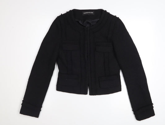 Warehouse Women Black Tweed Cropped Blazer Jacket UK 8 Wool Blend