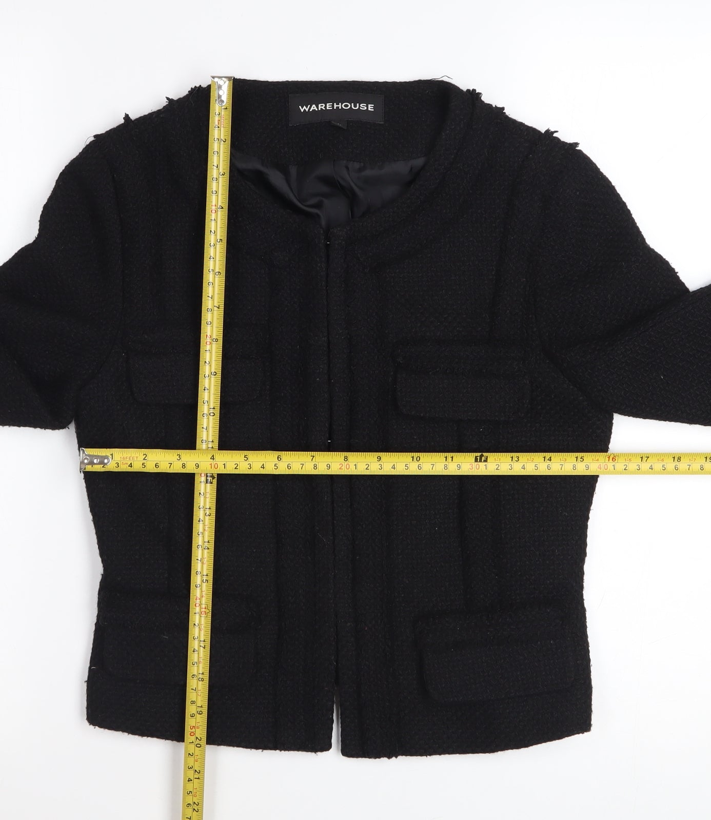 Warehouse Women Black Tweed Cropped Blazer Jacket UK 8 Wool Blend