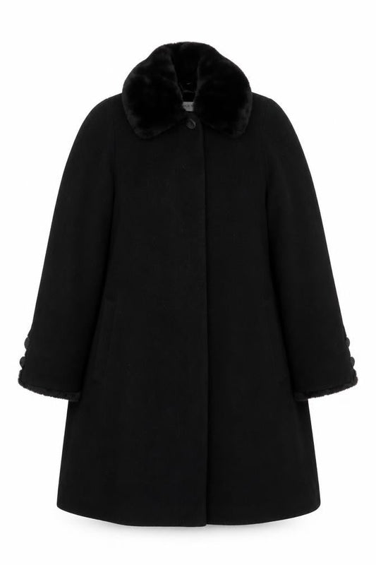 Jones New York Petite Black Wool Cashmere Fur Trim Coat Size 12