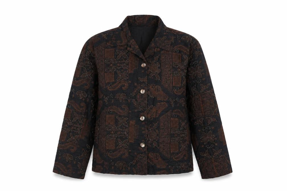 Chico's Women's Brown Silk Embroidered Long Sleeve Button-Up Shirt M