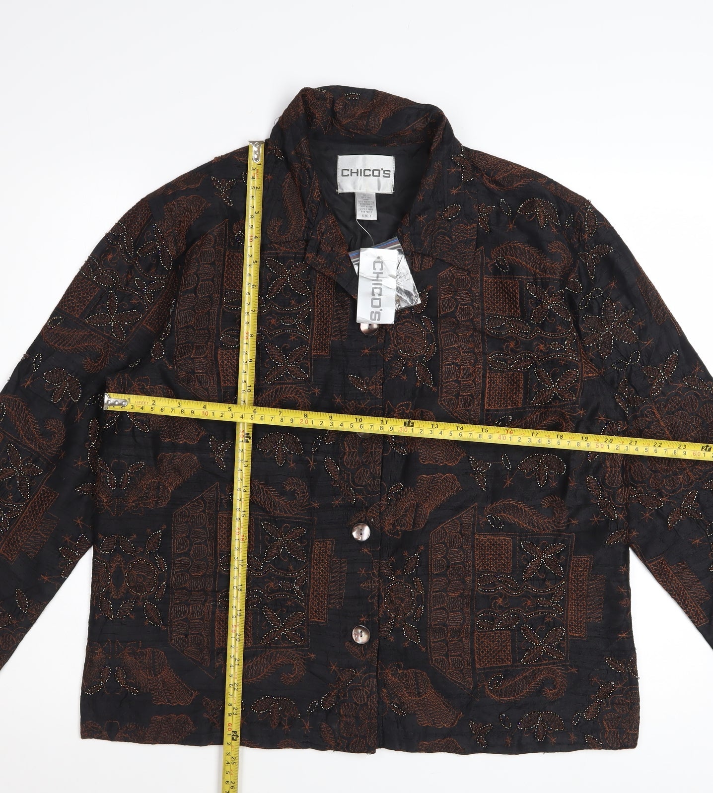 Chico's Women's Brown Silk Embroidered Long Sleeve Button-Up Shirt M
