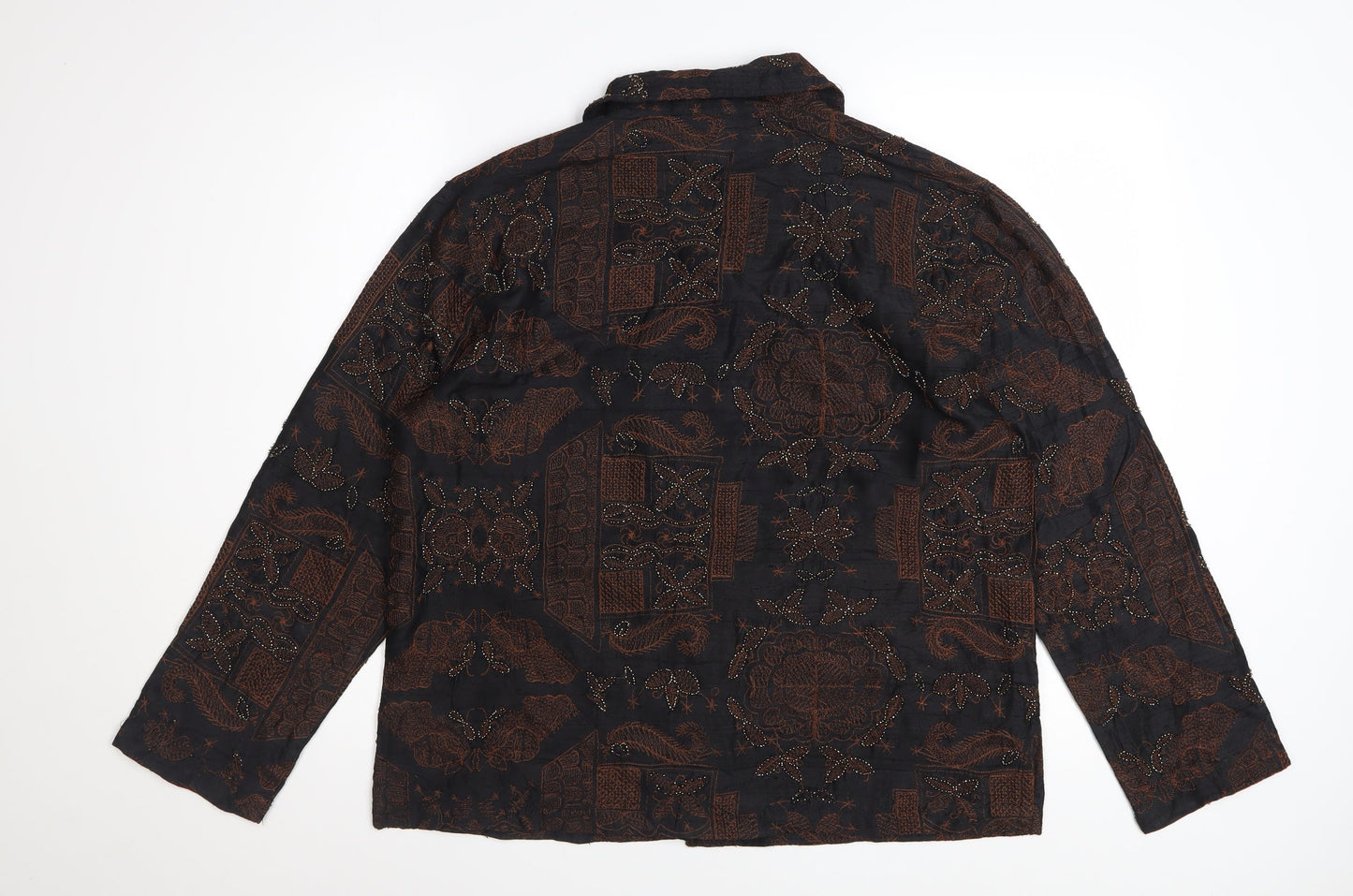 Chico's Women's Brown Silk Embroidered Long Sleeve Button-Up Shirt M