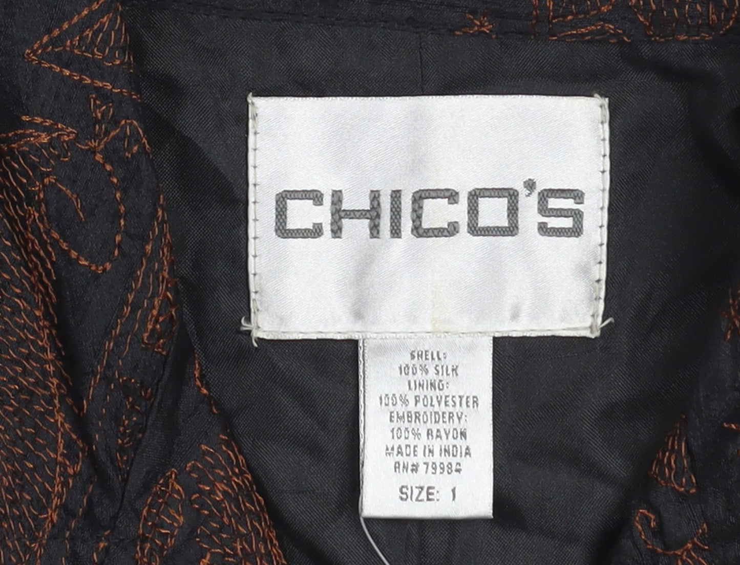 Chico's Women's Brown Silk Embroidered Long Sleeve Button-Up Shirt M