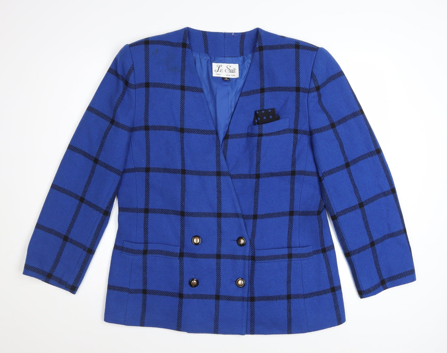 Le Suit Women's Blue Checked Wool Blend Blazer Size 14 Classic Workwear