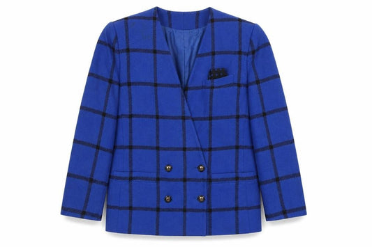 Le Suit Women's Blue Checked Wool Blend Blazer Size 14 Classic Workwear