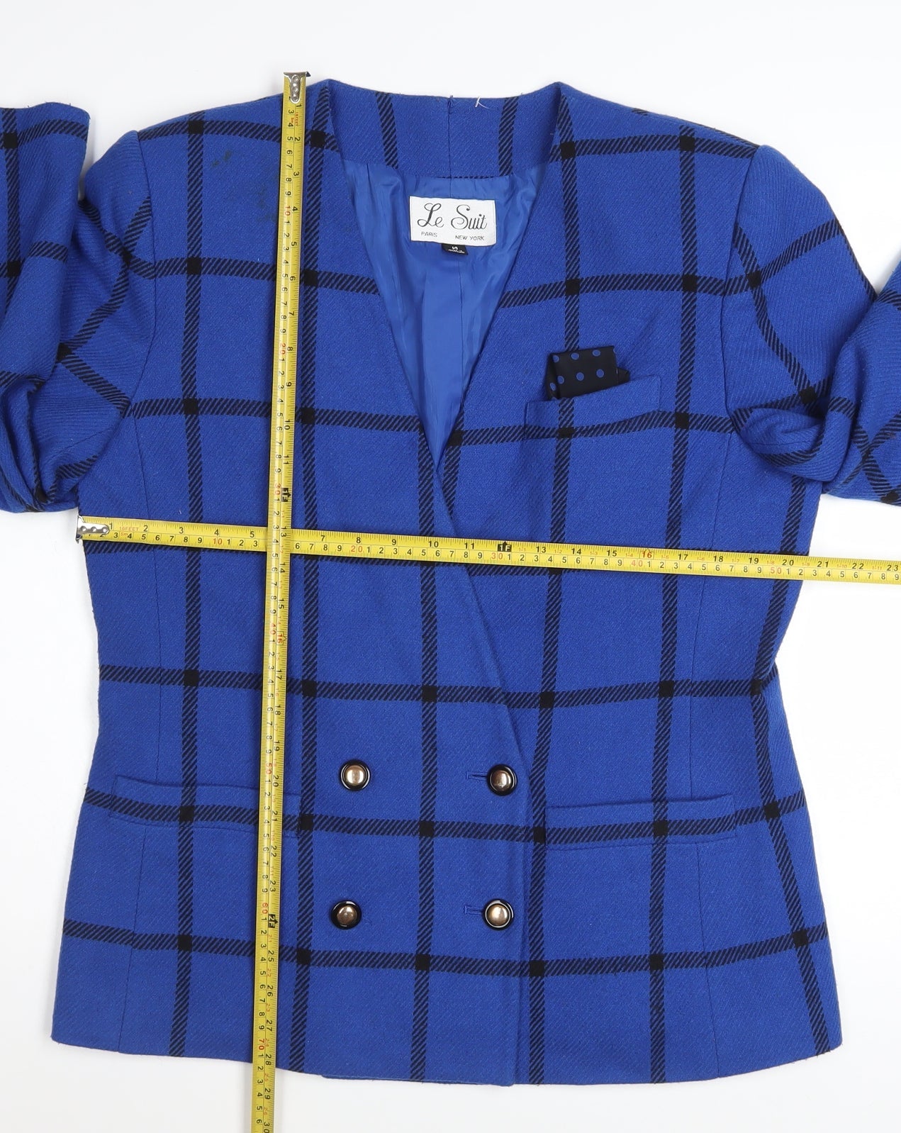 Le Suit Women's Blue Checked Wool Blend Blazer Size 14 Classic Workwear