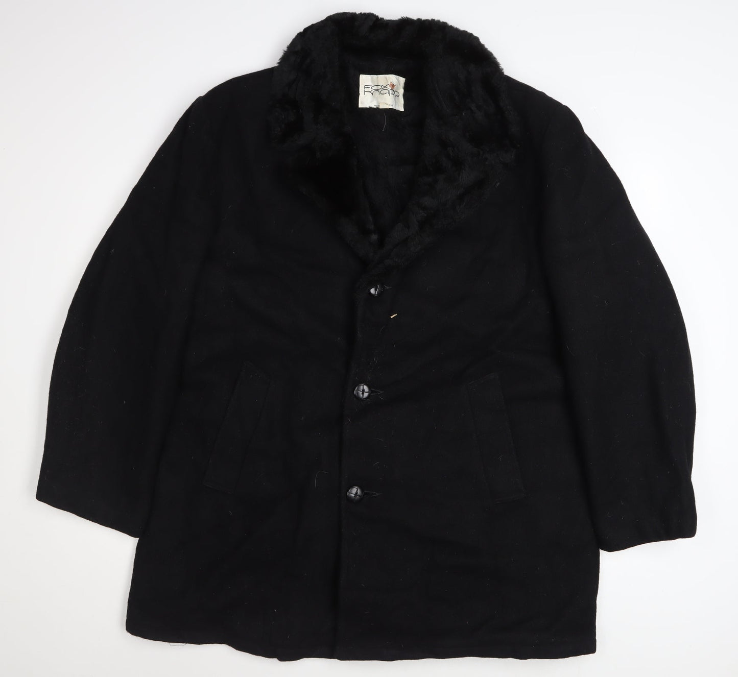 Fox Knapp Men's Black Wool Overcoat Faux Fur Collar Size 46 Regular