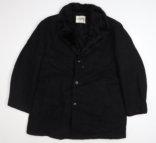 Fox Knapp Men's Black Wool Overcoat Faux Fur Collar Size 46 Regular