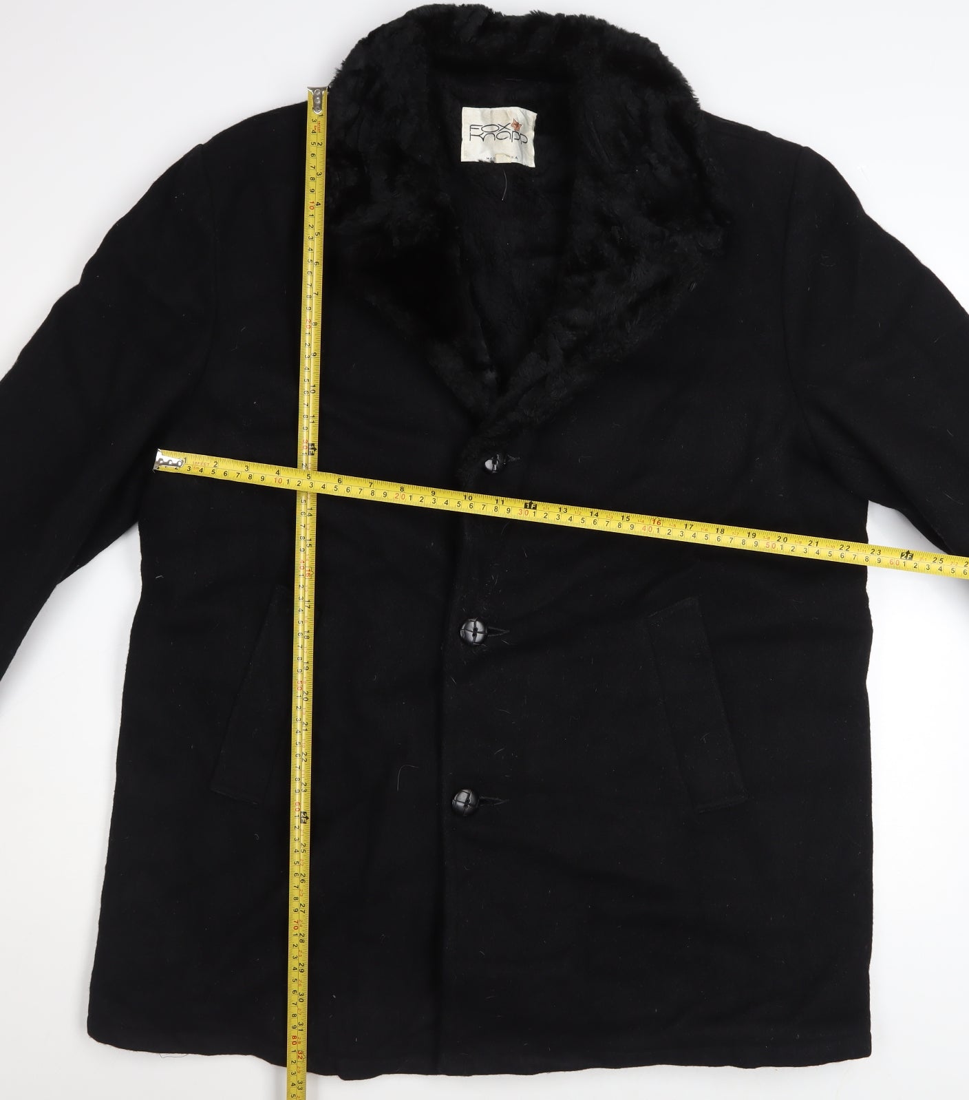 Fox Knapp Men's Black Wool Overcoat Faux Fur Collar Size 46 Regular