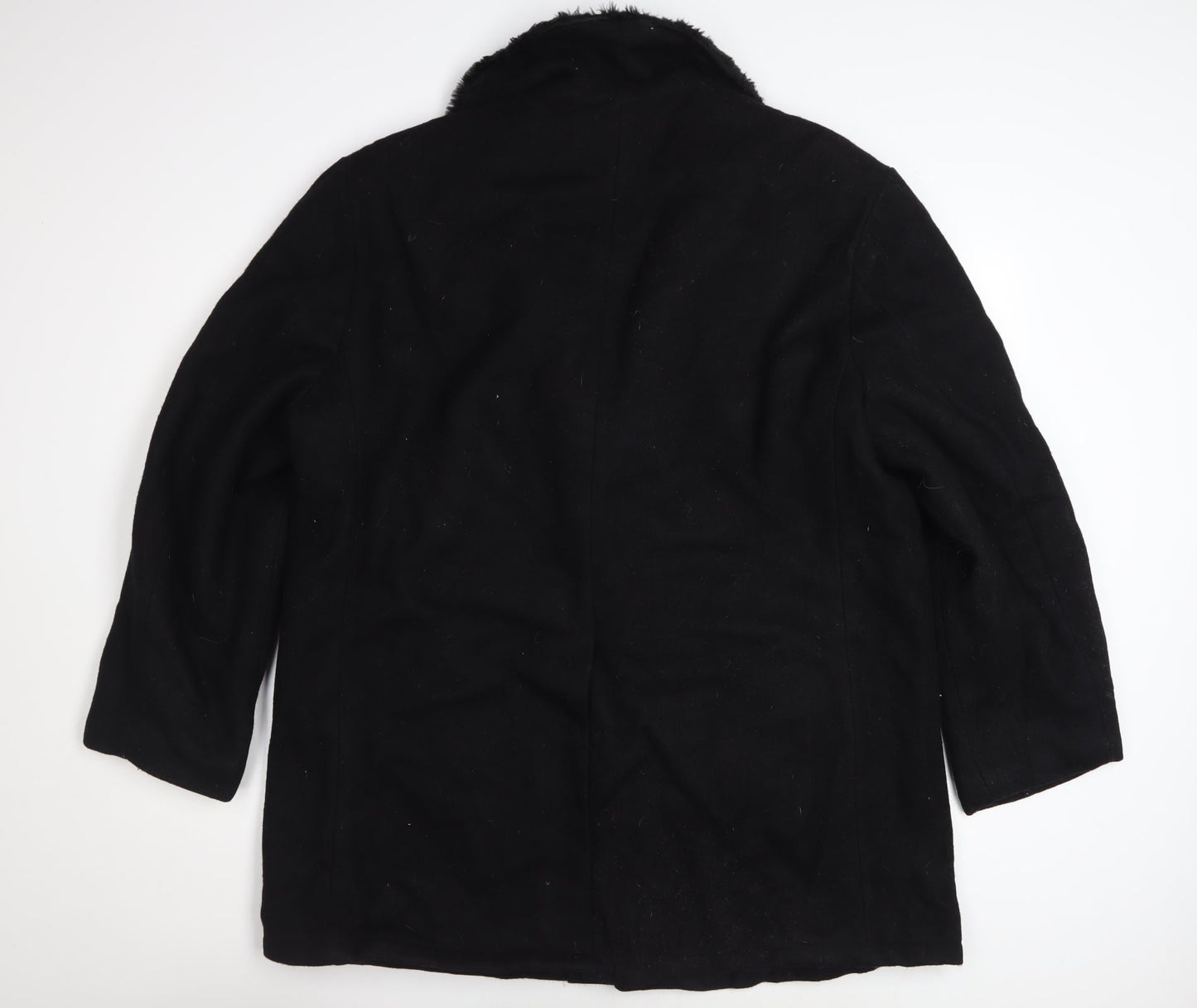 Fox Knapp Men's Black Wool Overcoat Faux Fur Collar Size 46 Regular