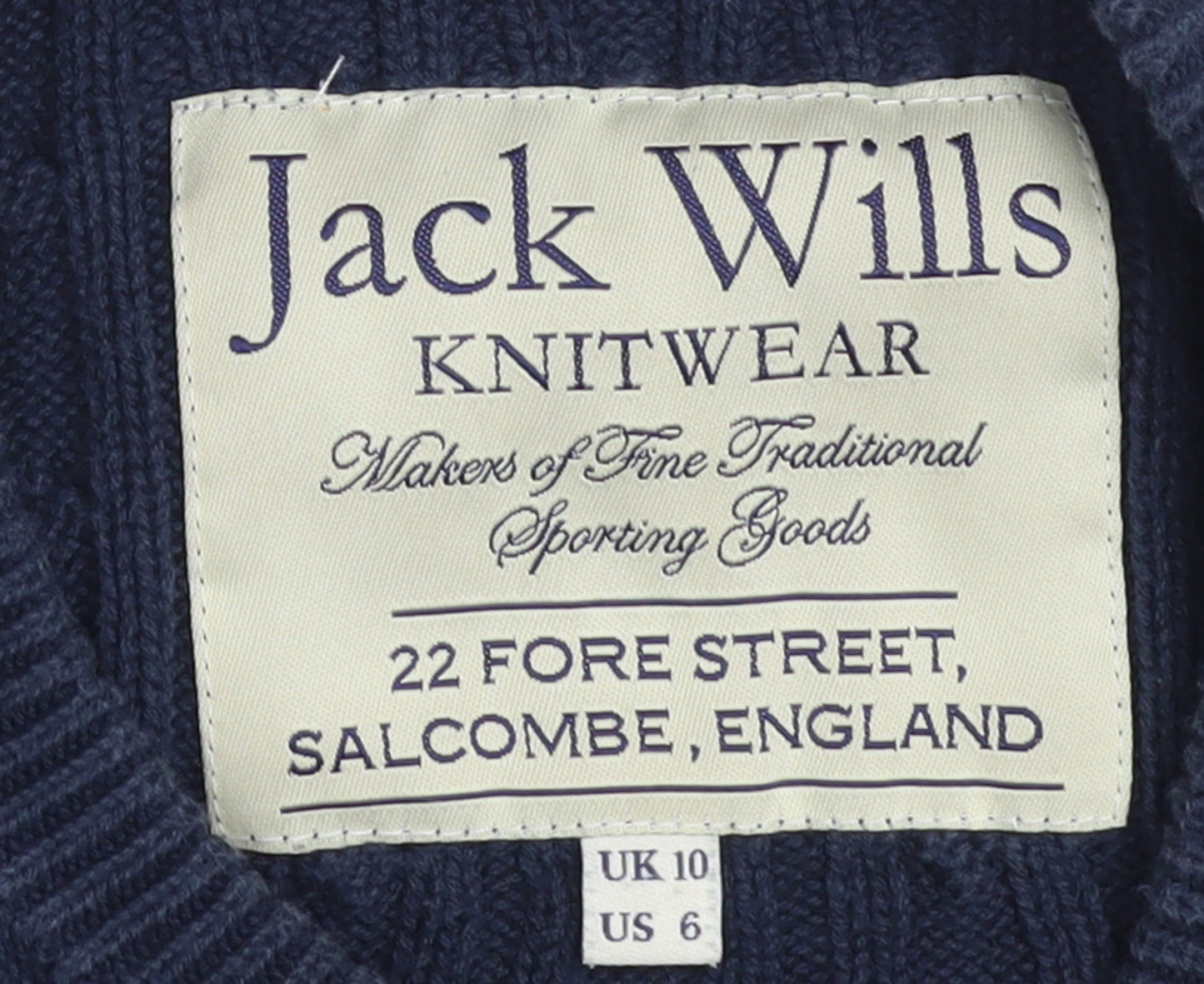 Jack Wills Womens Blue Cable Knit Cotton Jumper UK 10 Classic Crew Neck