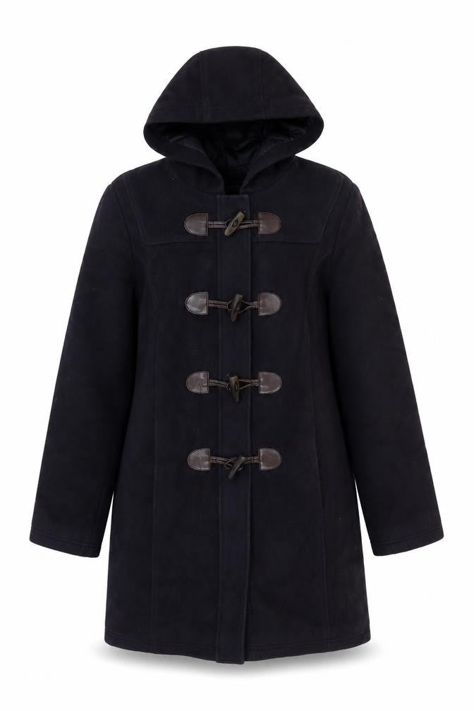Front view of L.L. Bean Women's Black Wool Duffle Coat, size 8, Hooded Mid-Length