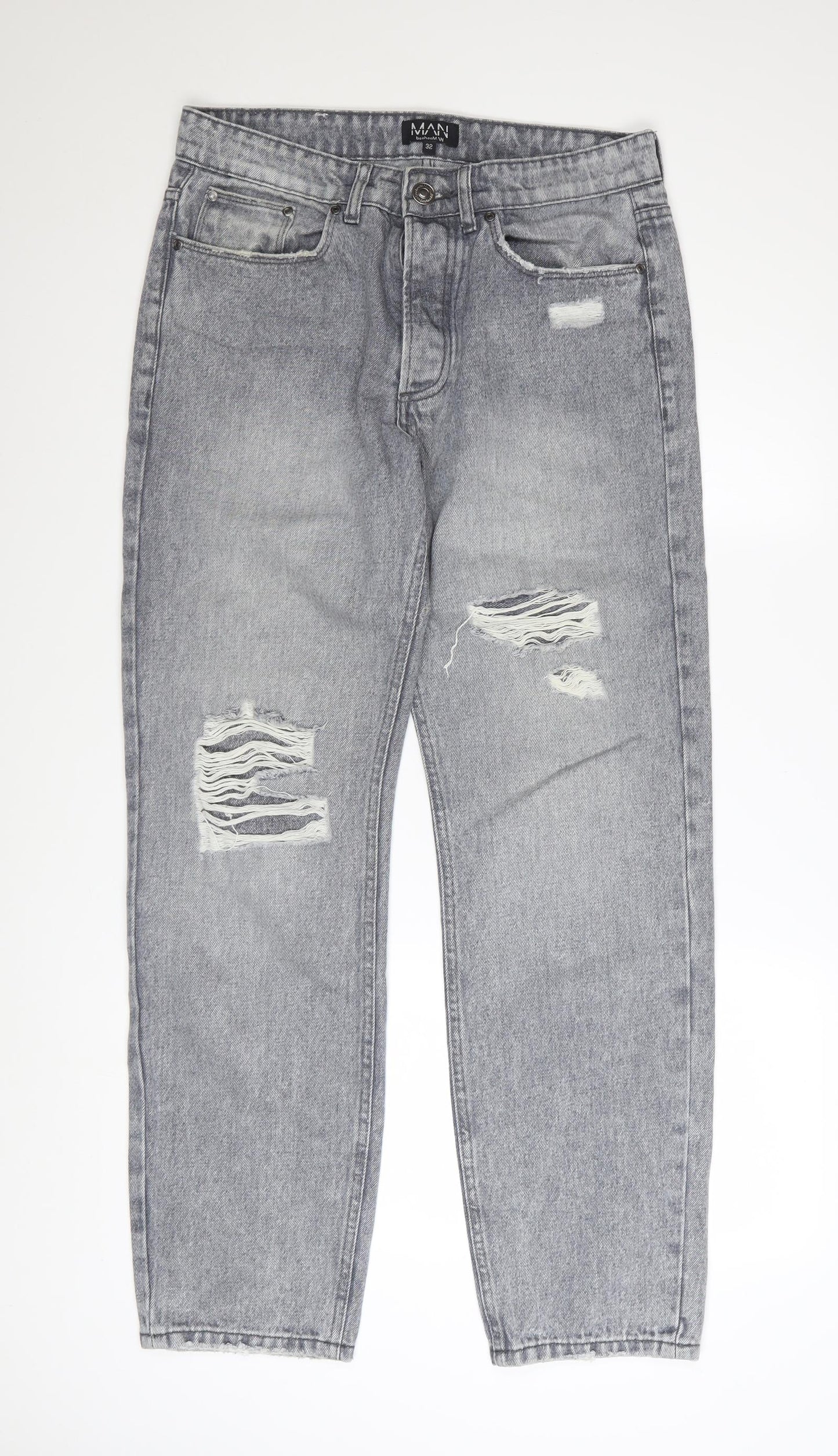 boohooMAN Men's Grey Distressed Straight Fit Jeans Size 32