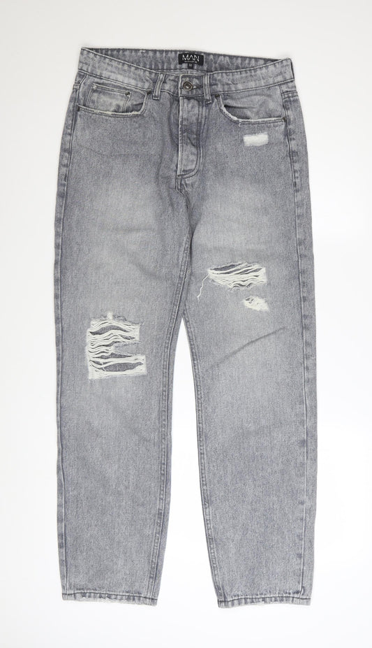 boohooMAN Men's Grey Distressed Straight Fit Jeans Size 32
