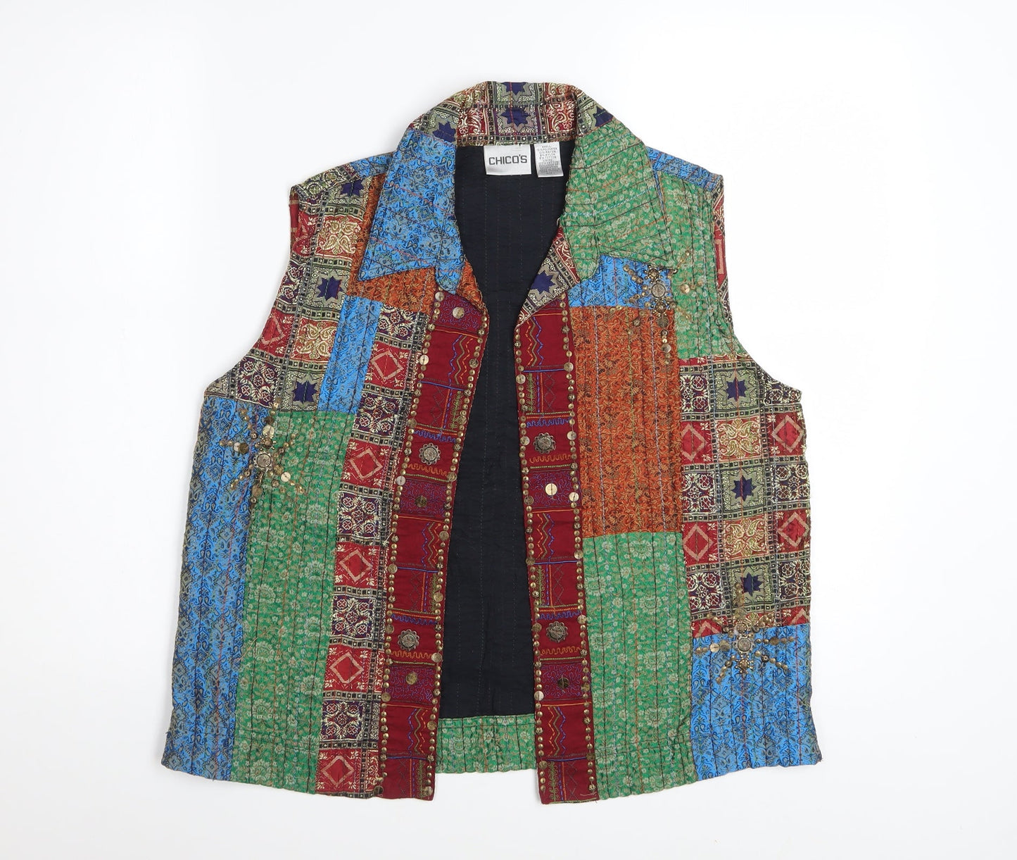 Chico’s Multicoloured Patchwork Quilted Waistcoat Women’s Size M Bohemian Style