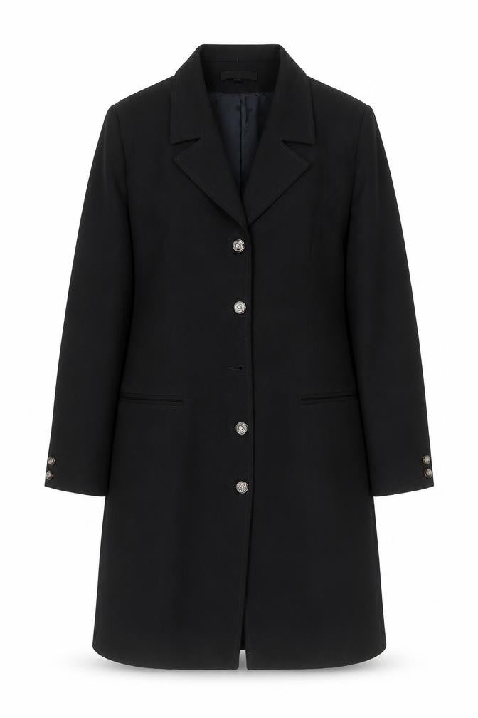 Bergamo Women’s Black Wool Long Overcoat Size 12 Classic Buttoned