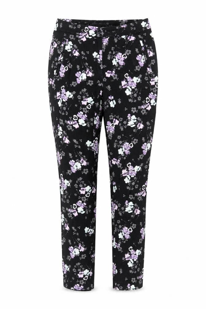 Front view of Red Herring women’s black floral slim fit stretch trousers, size UK 10