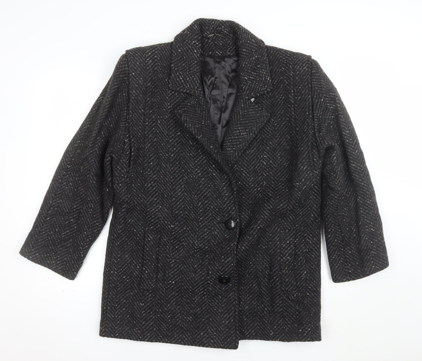 Collection Elégante Women's Black Wool Blend Herringbone Mid-Length Coat Size 12