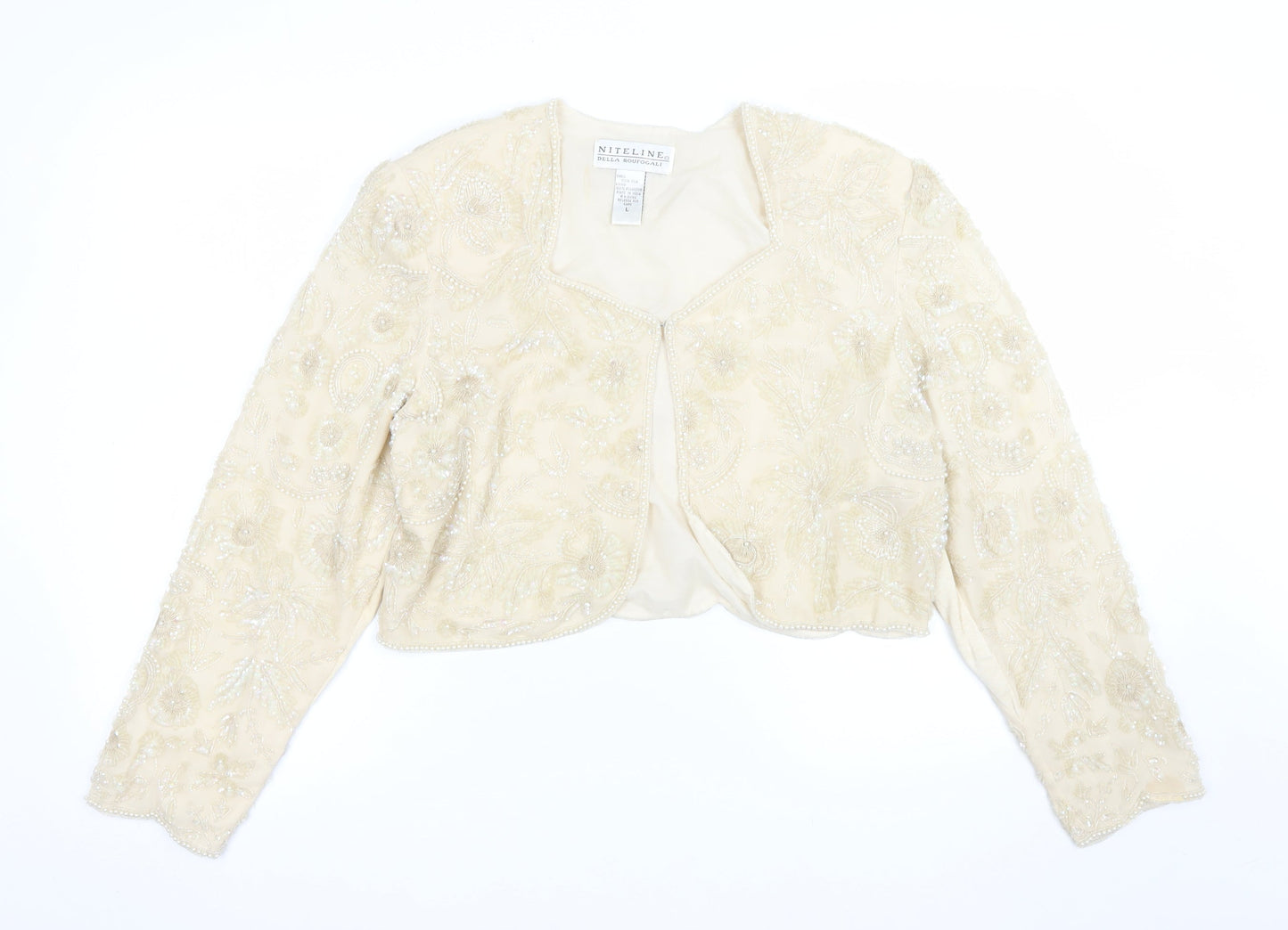 Niteline Della Roufogali Women’s Ivory Silk Beaded Cropped Blazer L