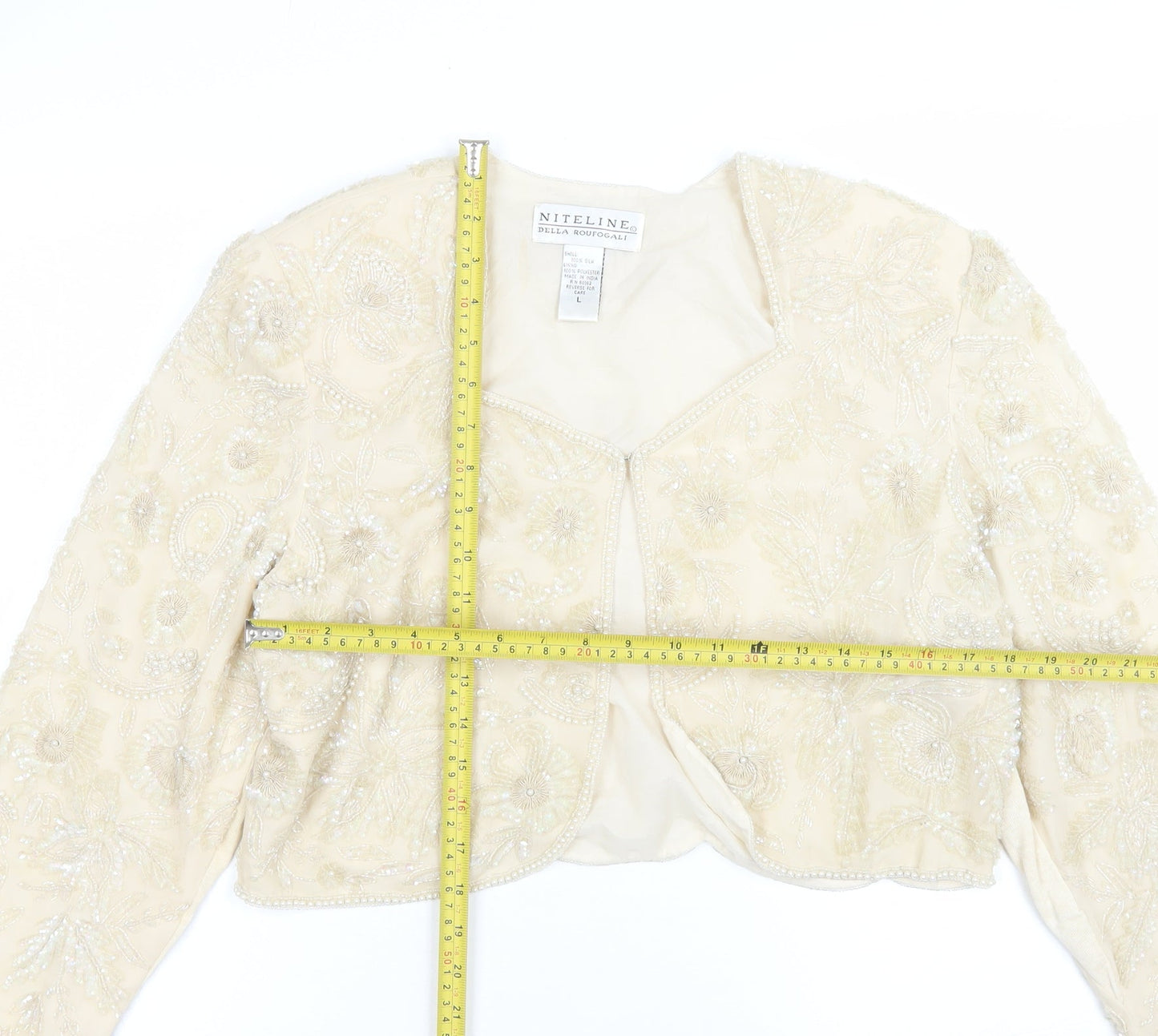 Niteline Della Roufogali Women’s Ivory Silk Beaded Cropped Blazer L