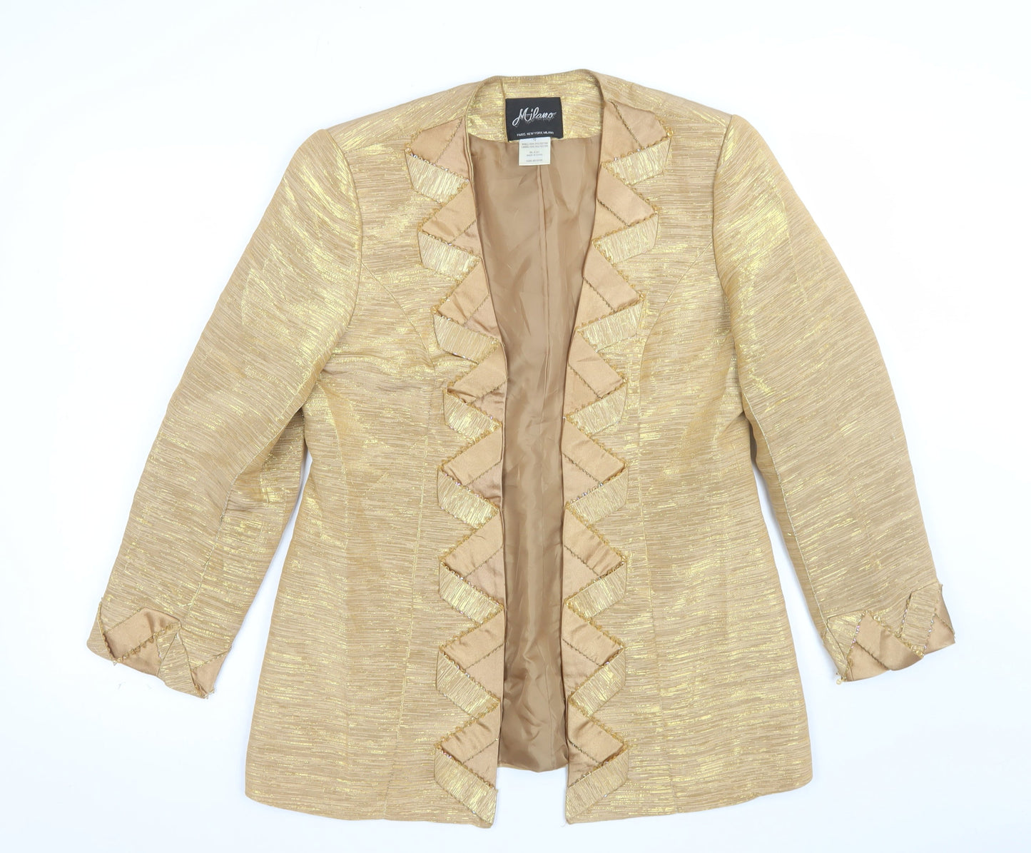 Milano Women Gold Blazer Size 12 Ruffle Trim Formal Jacket