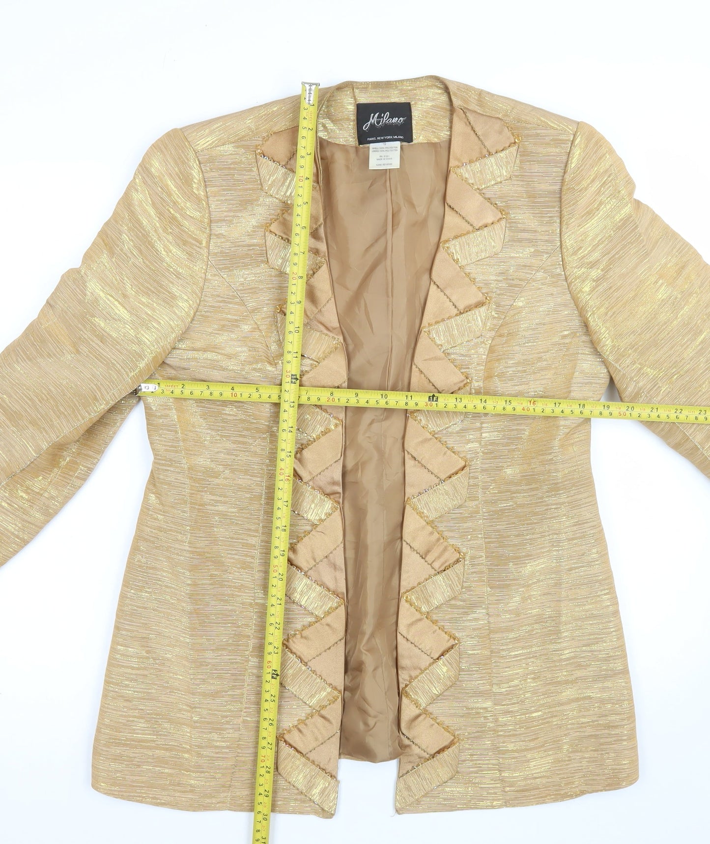 Milano Women Gold Blazer Size 12 Ruffle Trim Formal Jacket