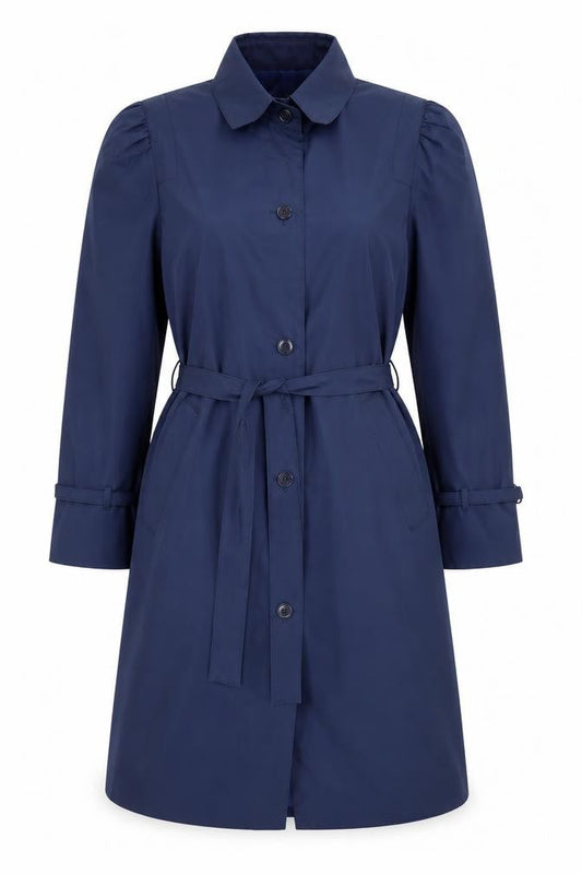 Downpour Womens Blue Belted Trench Coat Size 12 Long Sleeve Classic Style