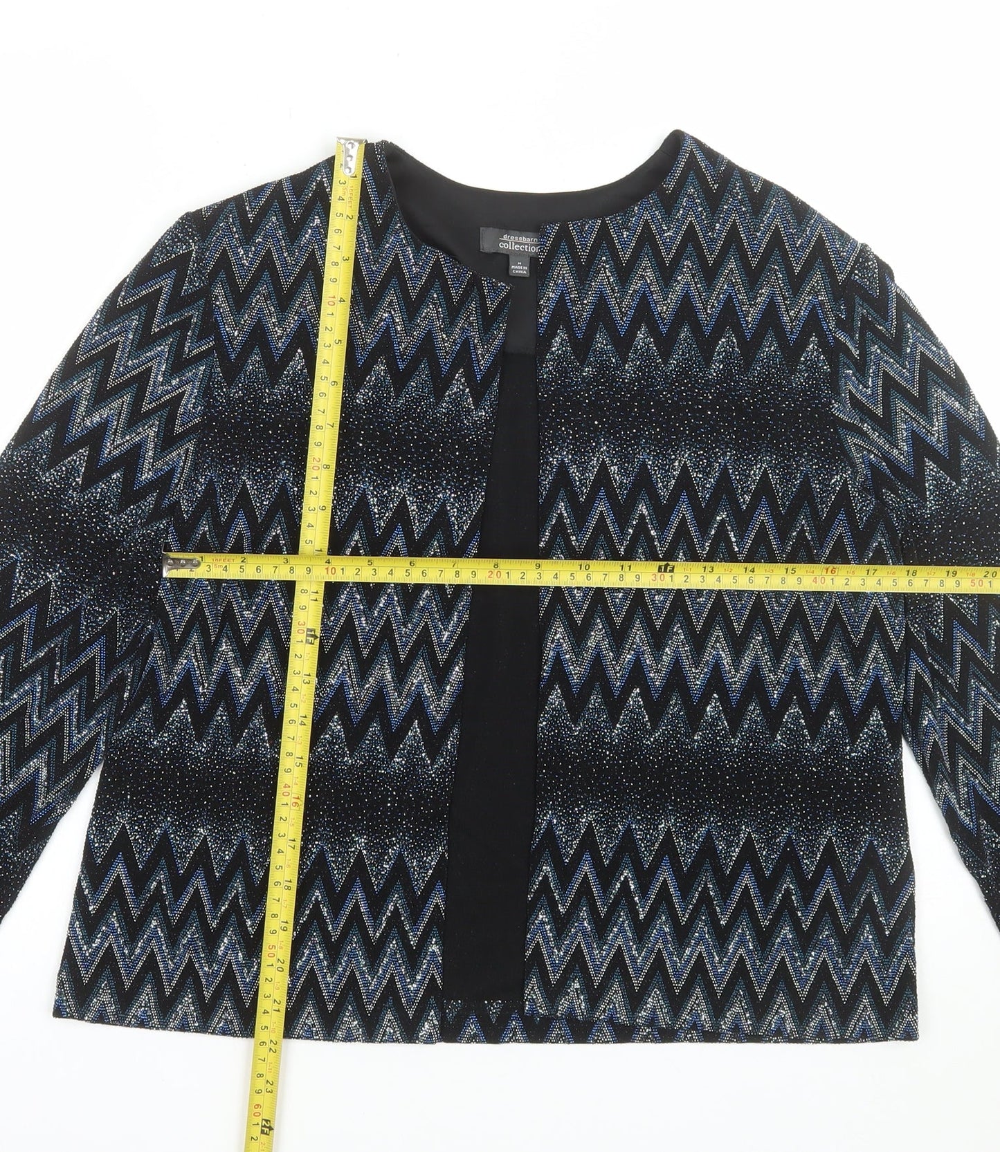 Dressbarn Women's Black Metallic Zigzag Open Front Jacket Size M