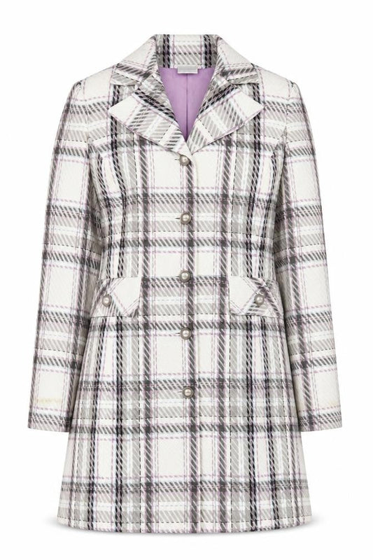 Worthington Women’s Checked Long Coat White Purple Size 12 Acrylic Blend