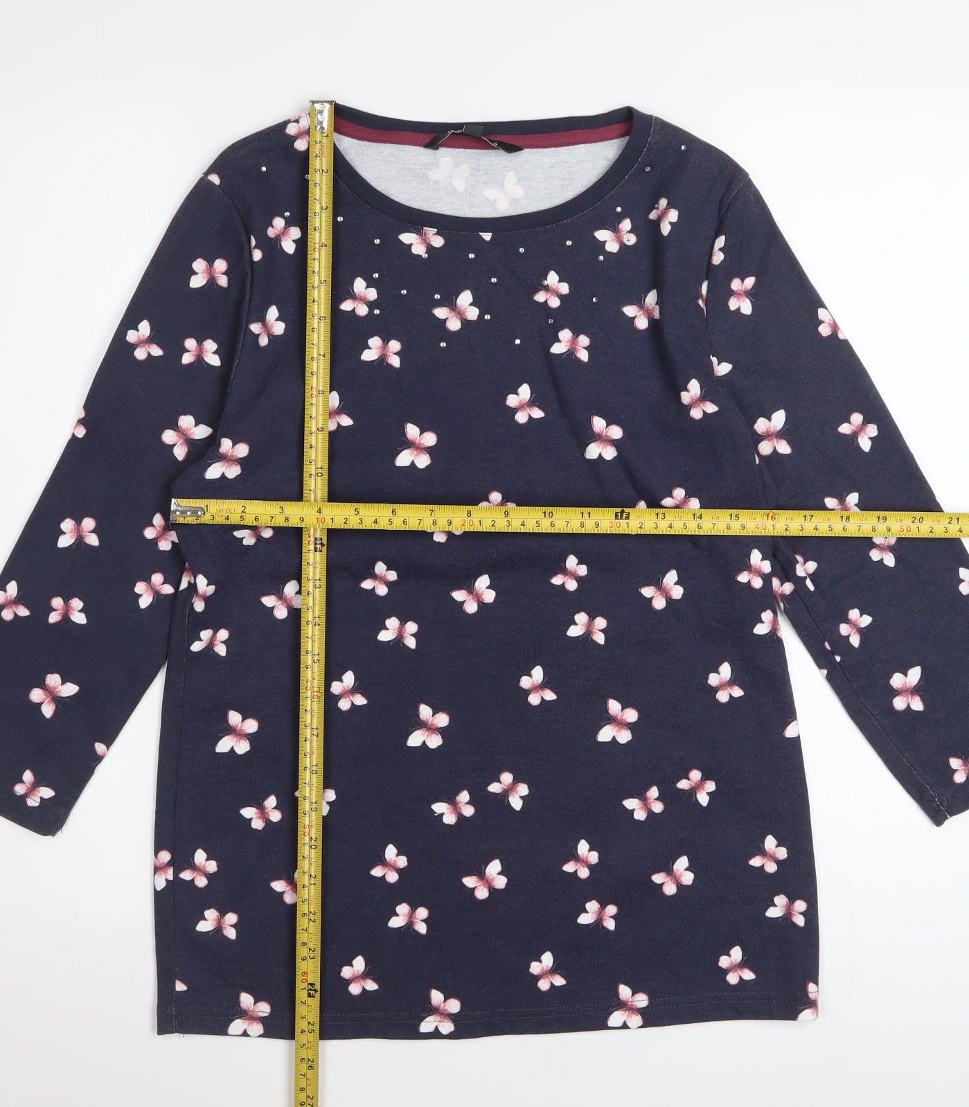 Bonmarché Women’s Blue Floral Beaded 3/4 Sleeve T-Shirt Size 14