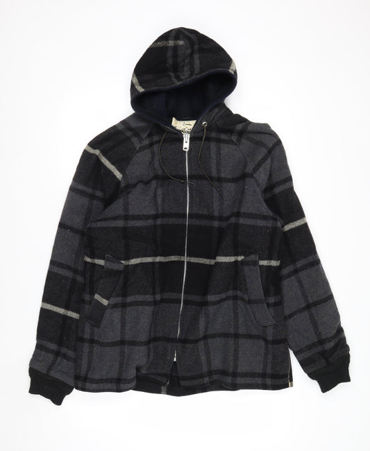 Woolrich Men's Grey Check Wool Hooded Jacket Size L Warm Winter Coat