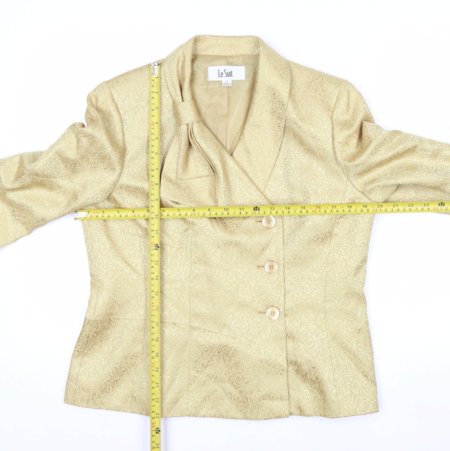 Le Suit Women's Beige Gold Jacquard Double-Breasted Blazer Size 10
