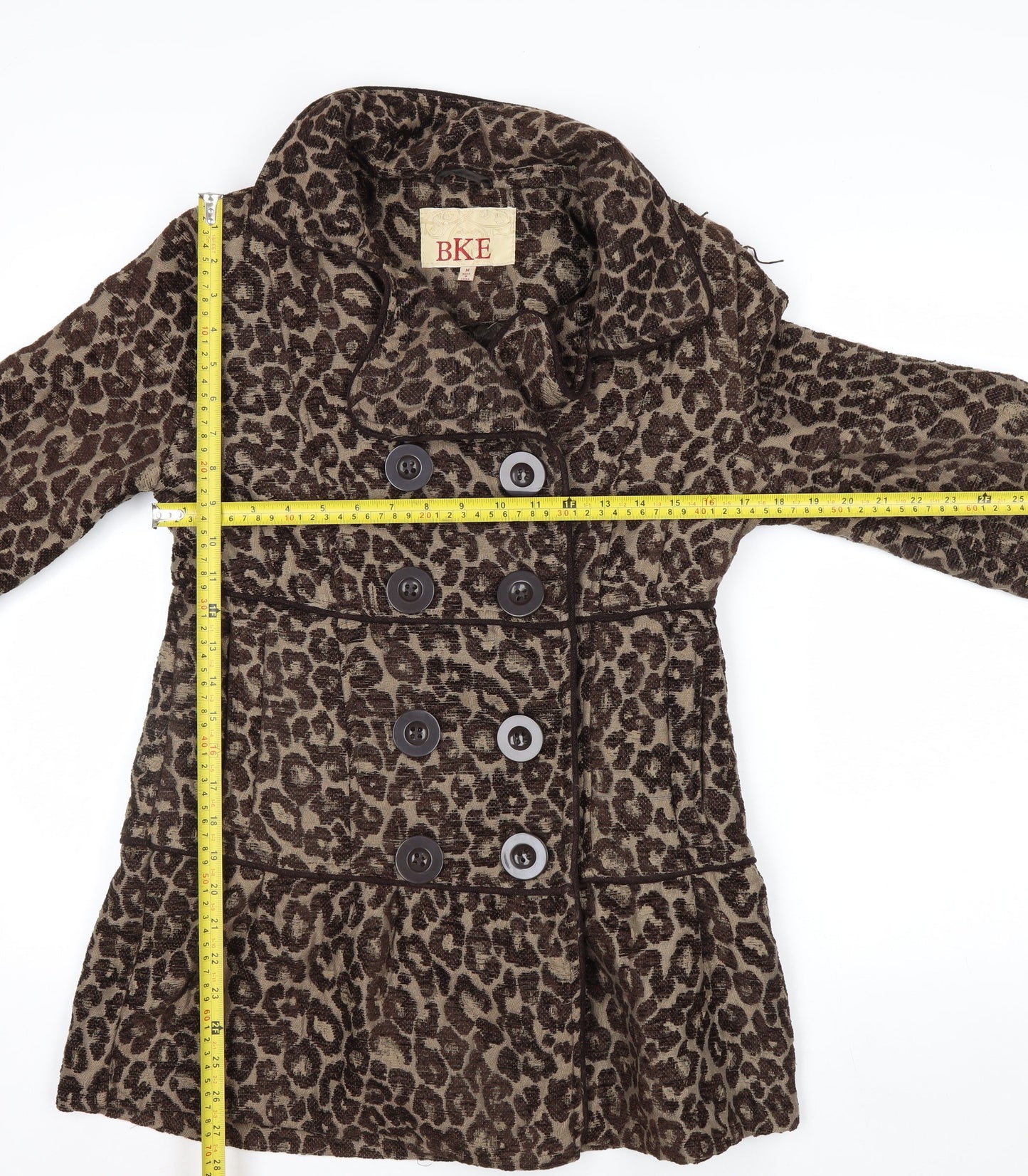 BKE Womens Brown Leopard Print Pea Coat Medium Double Breasted Autumn