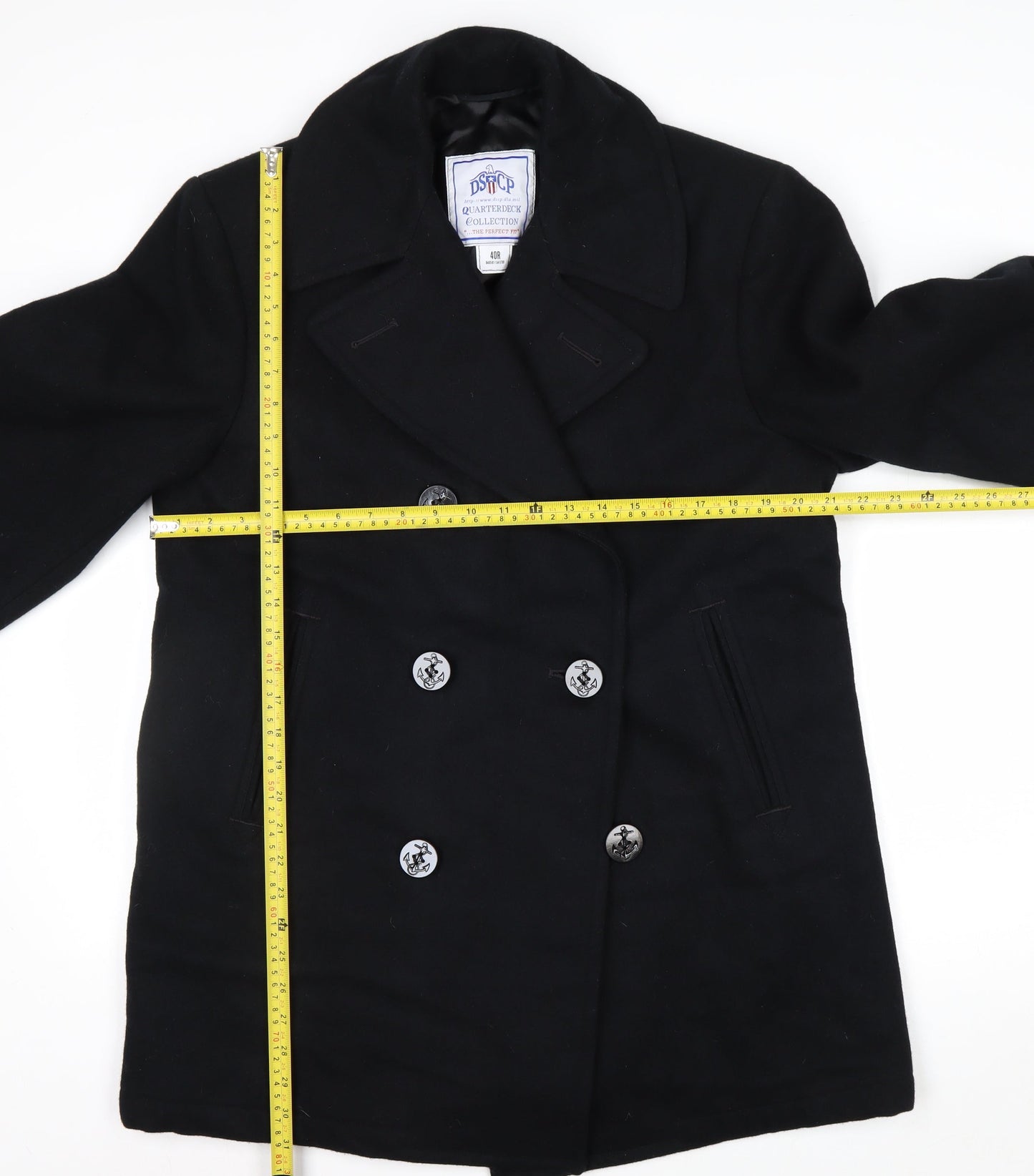 DSCP Quarterdeck Collection Mens Black 40R Pea Coat Wool Blend Classic Style