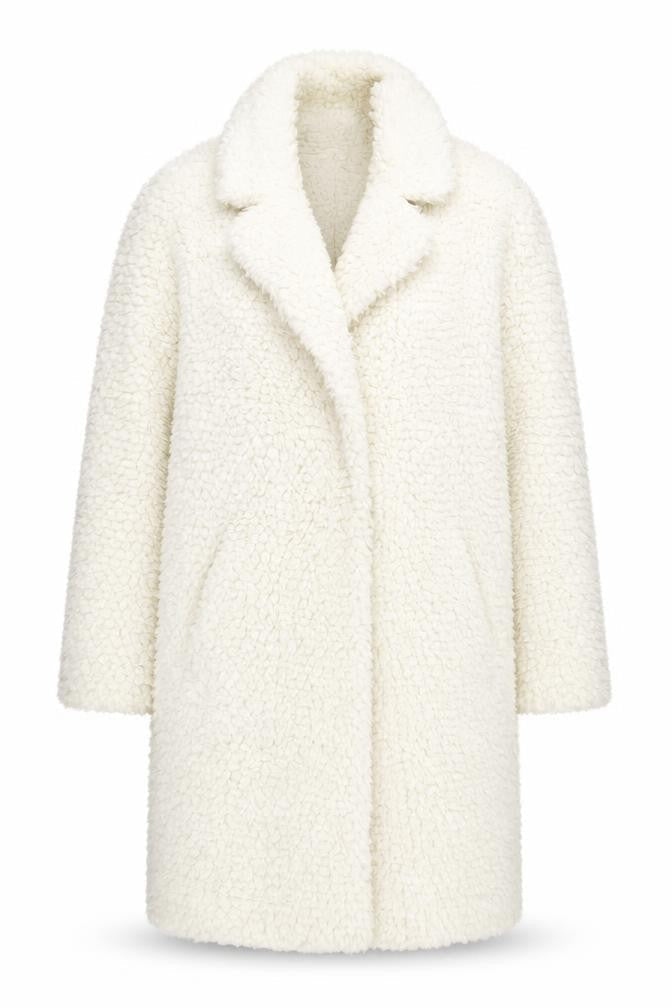 Pomodoro Womens Ivory Long Teddy Coat Size 10 Open Fleece Overcoat