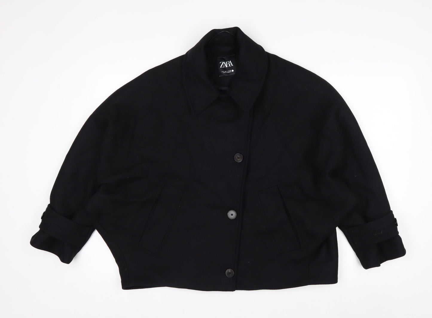 Zara Women Black Wool Blend Short Relaxed Button Jacket Size S