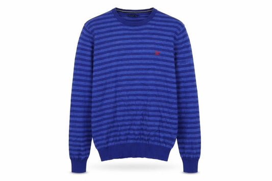 Front view of Crew Clothing Men's Blue Striped Cotton Jumper, size L