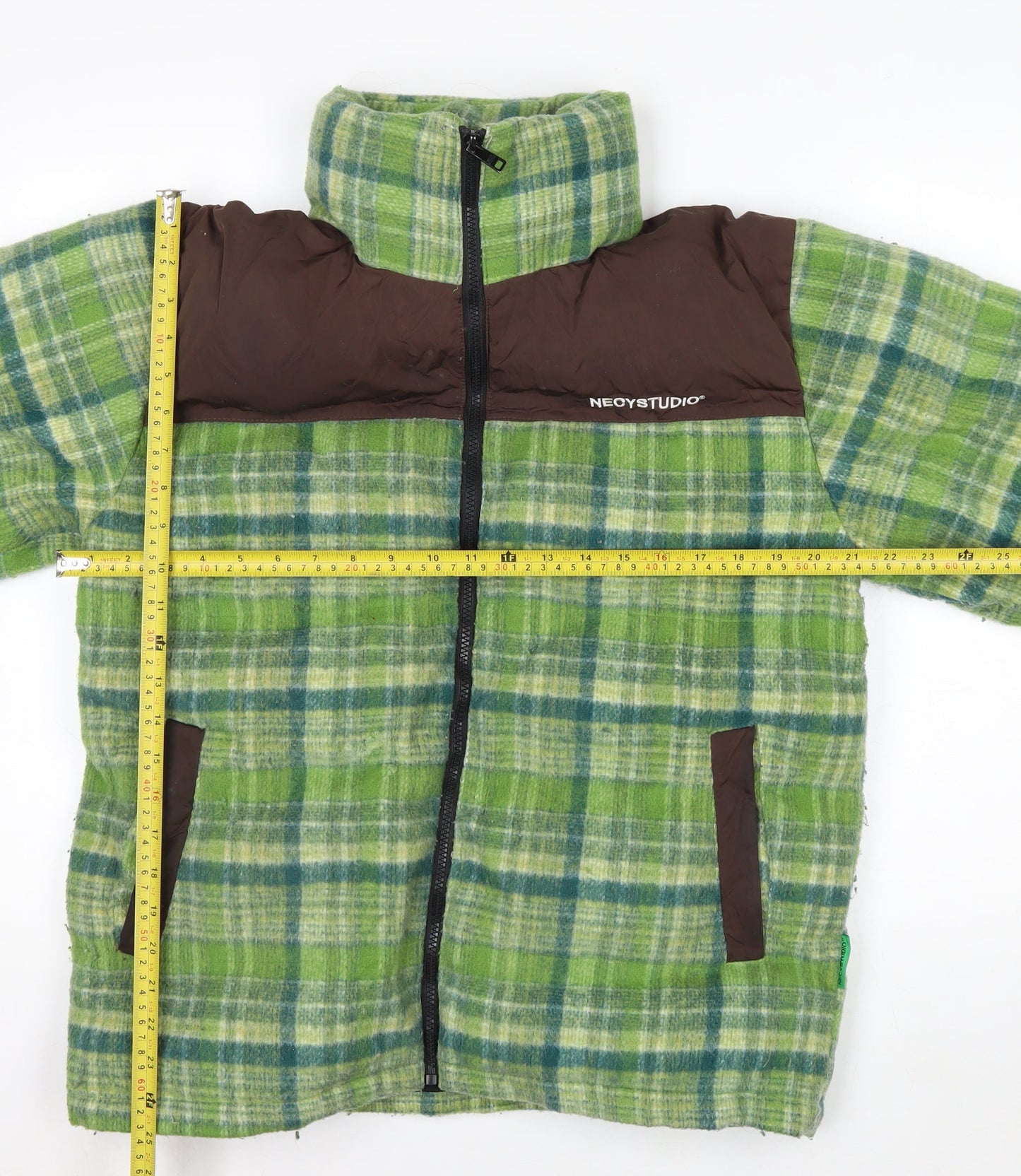 NECYSTUDIO Men's Green Check Puffer Jacket Size S Full Zip Winter Coat