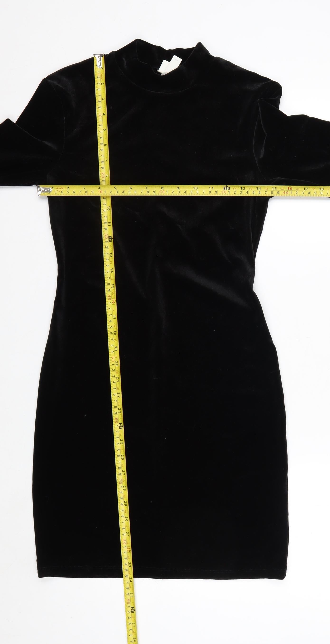 H&M Womens Black Velvet Bodycon Party Dress Size S Long Sleeve