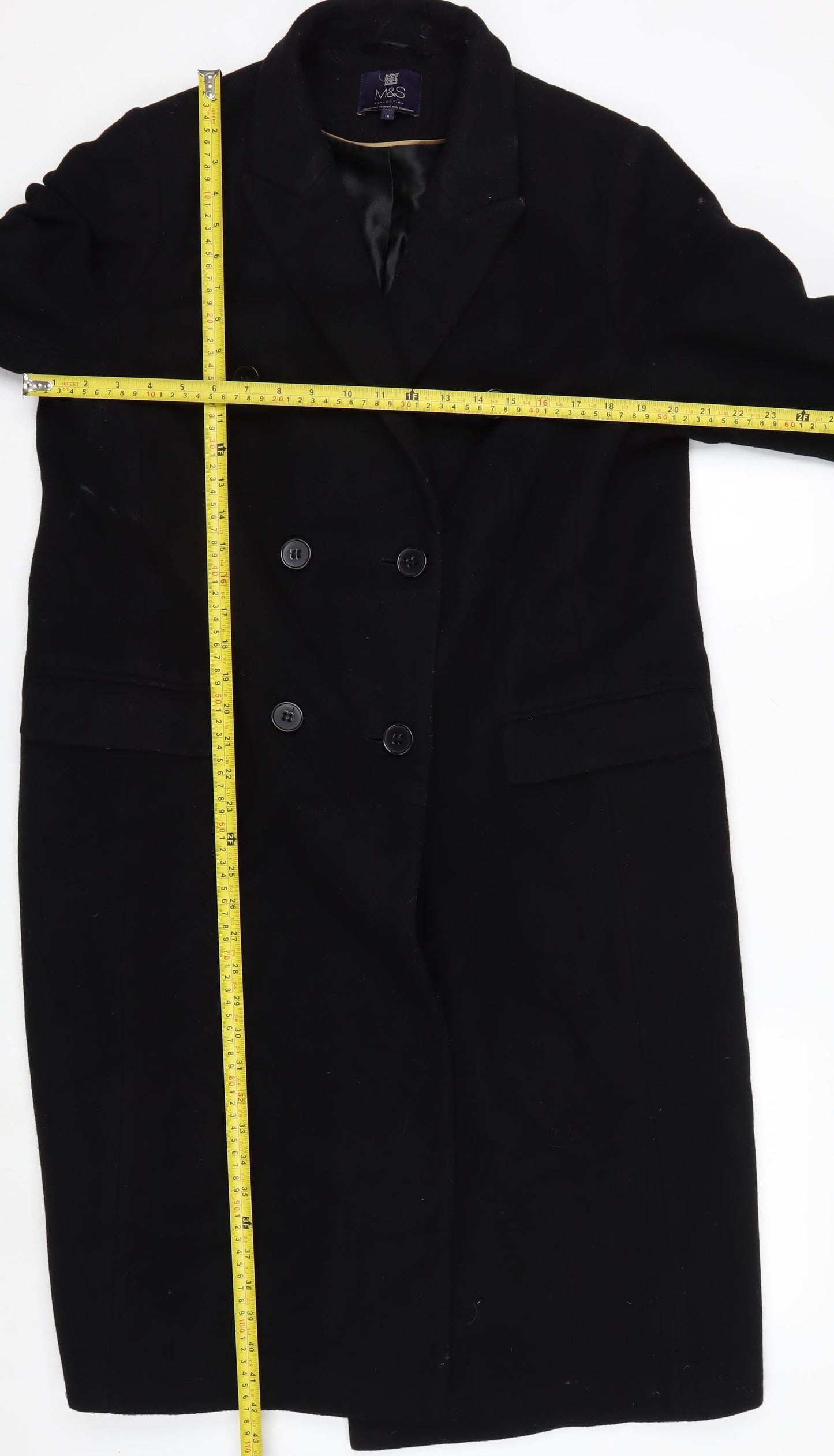 Marks and Spencer Womens Black Wool Cashmere Coat Size 16 Long Overcoat
