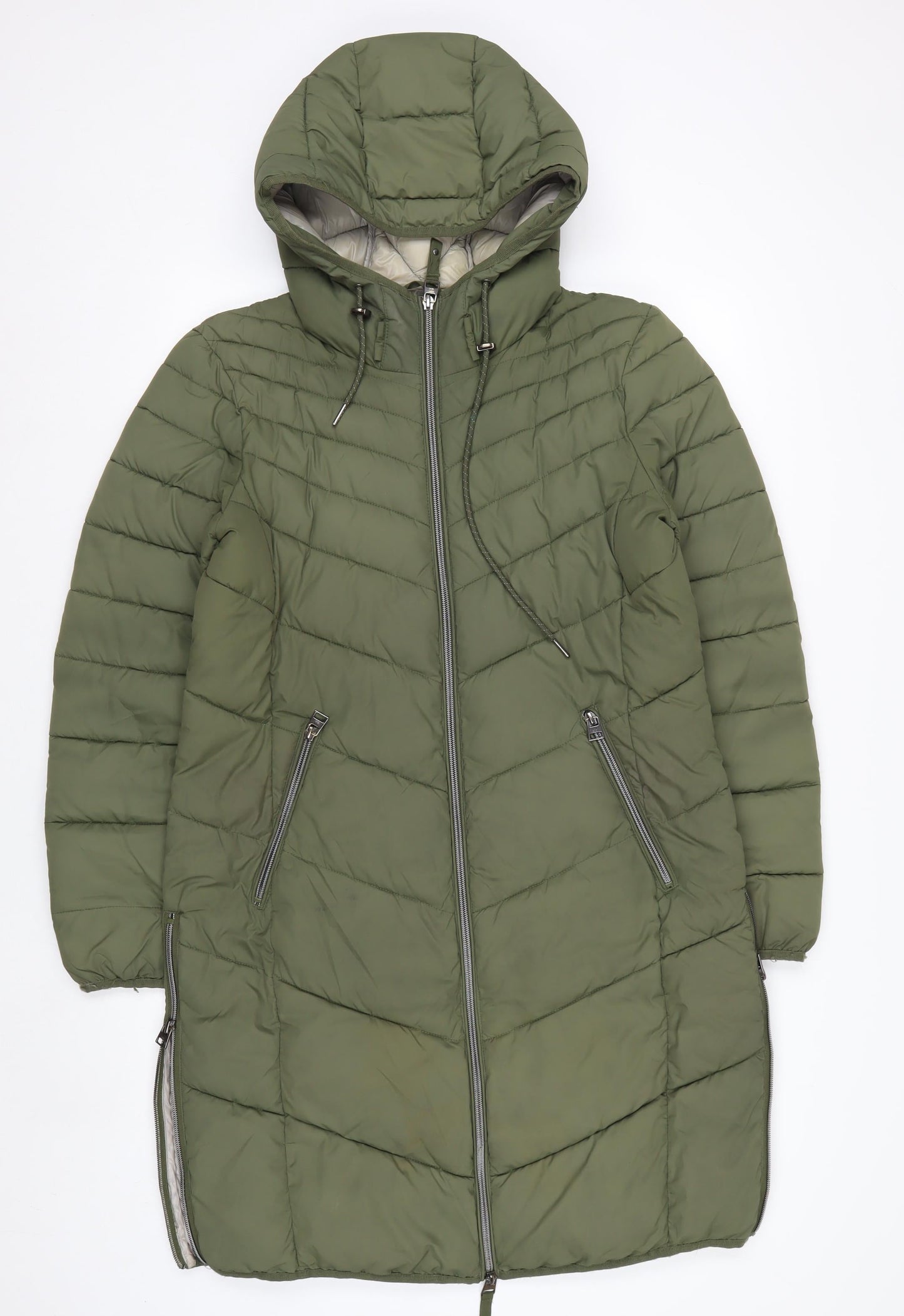 EDC Women's Green Long Hooded Puffer Jacket L Lightweight Quilted Coat