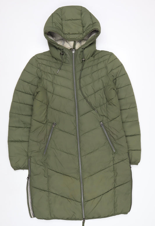 EDC Women's Green Long Hooded Puffer Jacket L Lightweight Quilted Coat