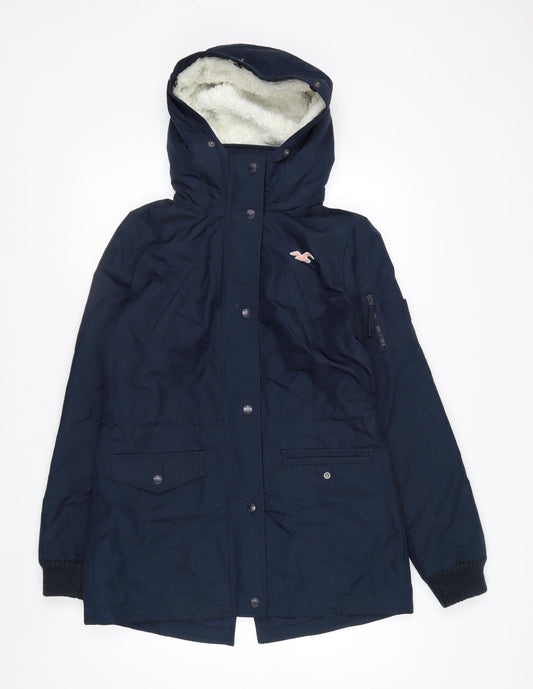 Hollister Womens Navy All-Weather Parka Jacket M Hooded Lined Waterproof