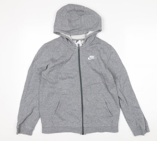 Nike Boys Grey Full Zip Hoodie Size 147-158cm Cotton Blend Sportswear