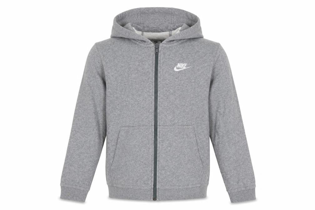 Front view of Nike boys’ grey full zip hoodie, size 147-158cm cotton blend sportswear