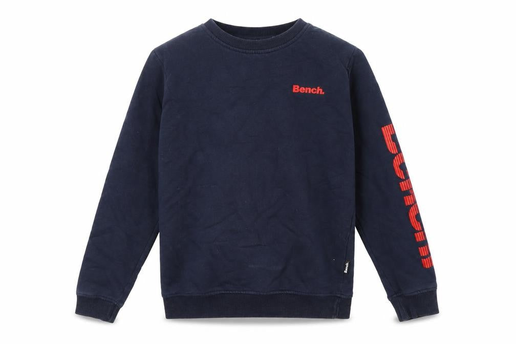 Front view of Bench boys’ blue logo pullover sweatshirt 13 years cotton blend crew neck