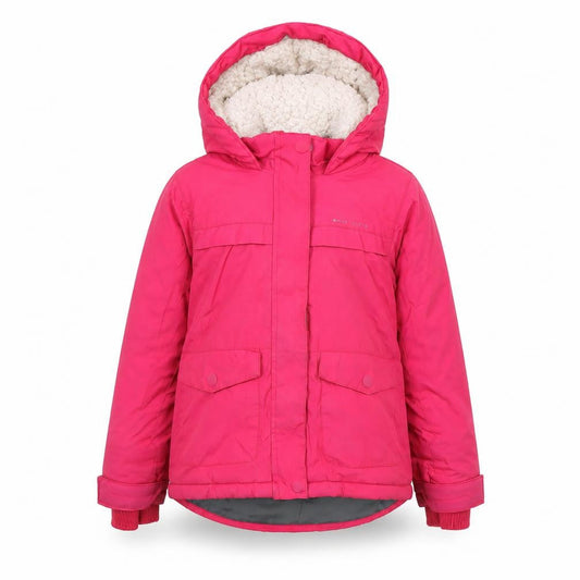 Front view of Mountain Warehouse girls’ pink hooded waterproof fleece lined parka coat 5-6 years