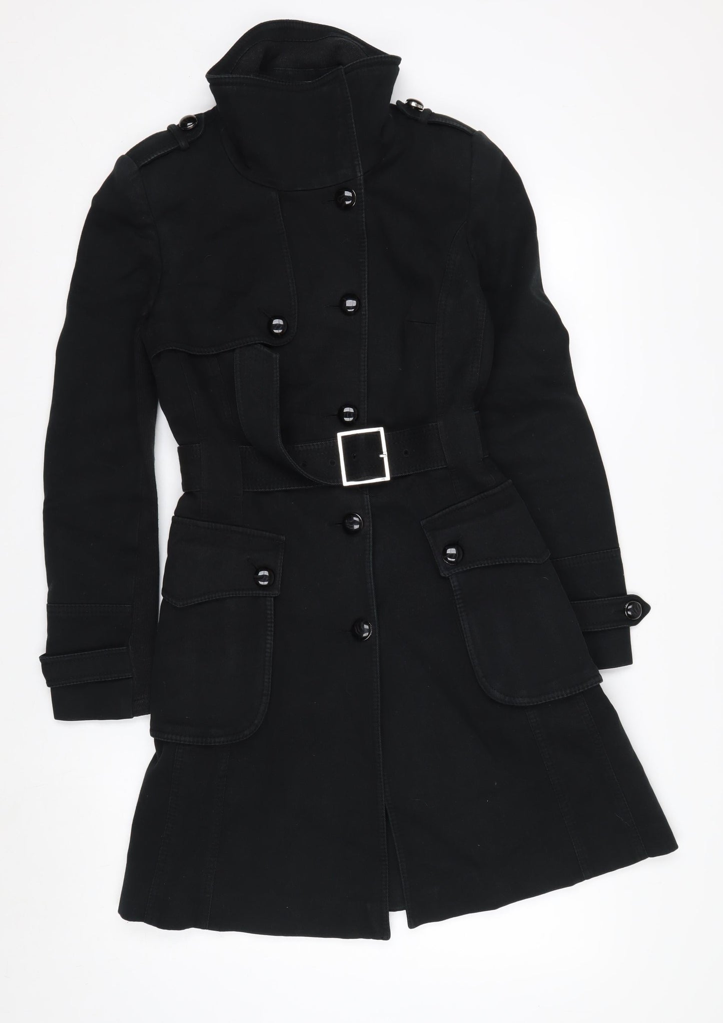 Karen Millen Women's Black Trench Coat Size 10 Belted Long Twill Jacket