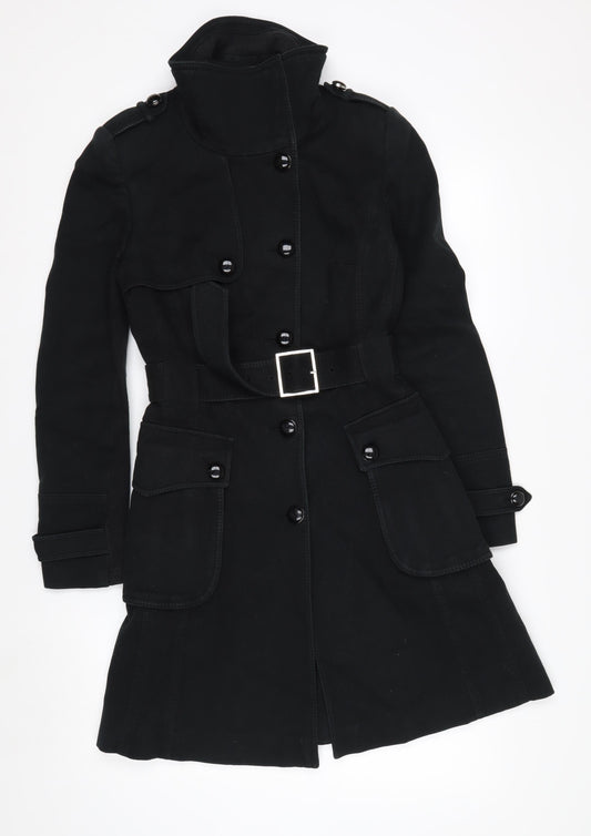 Karen Millen Women's Black Trench Coat Size 10 Belted Long Twill Jacket